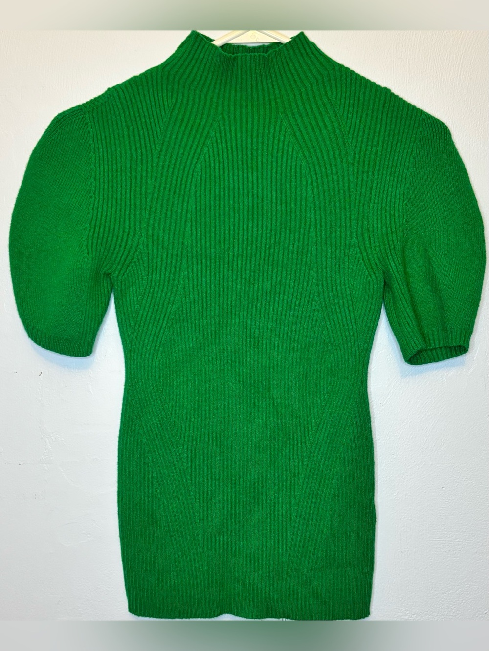 Anthropologie Maeve Kelly Green Puff Sleeve Ribbed Mock Neck Sweater Small